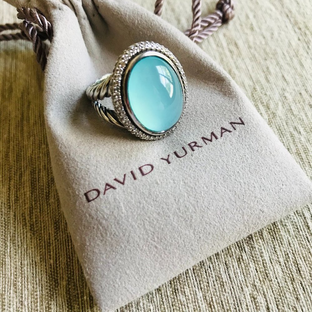 Authentic DAVID YURMAN Aqua Chalcedony sz 7 Sterling Silver & Pave Diamond Ring